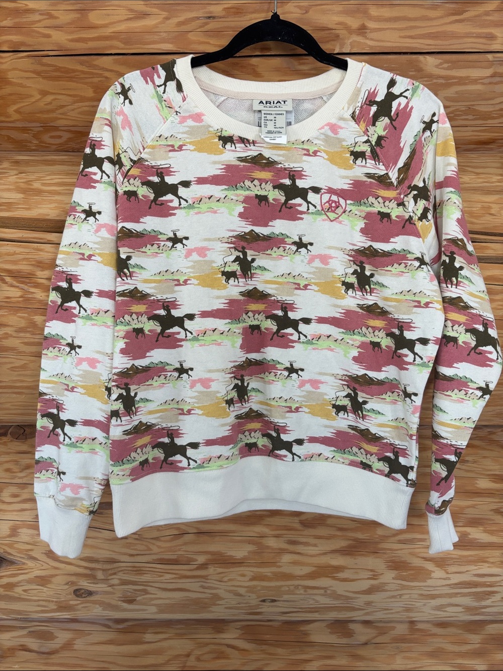 Ariat Cream Crewneck Sweatshirt with Pink, Olive, Tan & Yellow Brushstroke Print